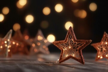 Wall Mural - Christmas decoration on wooden table with bokeh lights background, shallow depth of field, Generative Ai