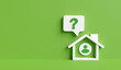 Ecological home information service. Admin icon shows question mark in house on green background with copy space. Career and service, green home project saving energy for environment. 3D rendering