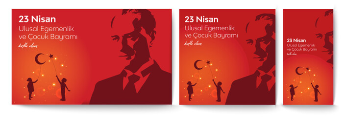 23 Nisan Ulusal Egemenlik ve Çocuk Bayramı Kutlu Olsun. (23rd April. national sovereignty and children's day) happy birthday. Boy and girl silhouettes with balloon moon and star icons. Atatürk günü.