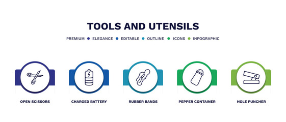 Poster - set of tools and utensils thin line icons. tools and utensils outline icons with infographic template. linear icons such as open scissors, charged battery, rubber bands, pepper container, hole