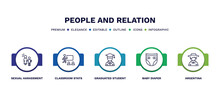 Set Of People And Relation Thin Line Icons. People And Relation Outline Icons With Infographic Template. Linear Icons Such As Sexual Harassment, Classroom Stats, Graduated Student, Baby Diaper,