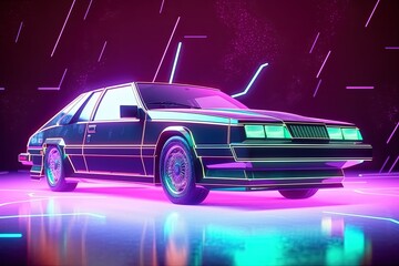 Wall Mural - Futuristic vintage car illustration, retro style, 80s, vaporwave, neon light. Generative AI