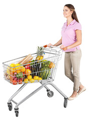 Portrait of a Woman Pushing a Shopping Cart Full of Groceries