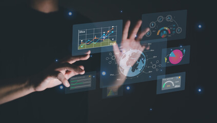 Wall Mural - young entrepreneur using big data analysis and cloud technology to collect customer data and display
