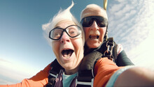 Extreme 70 Yo Retired Couple Skydiving. Wide Angle Selfie, Action Camera Panoramic View. Generative Ai