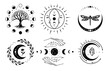 Moon phases silhouette, celestial magic sign. Set of crescent moon symbol. Boho lunar design. Mystic vector illustration.