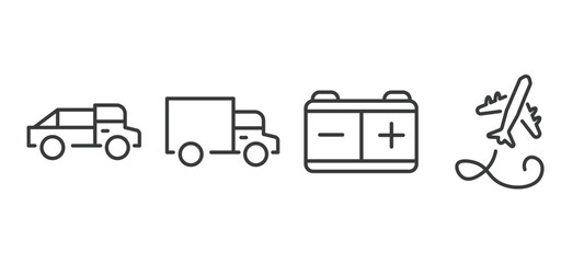 Poster - set of transportation thin line icons. transportation outline icons included midget car, trucking, workshop repair, flying airplane vector.