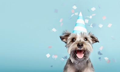 Cute happy dog celebrating at a birthday party