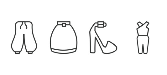 Sticker - set of clothes and outfit thin line icons. clothes and outfit outline icons included harem pants, circle skirt, platform sandals, jumpsuit vector.