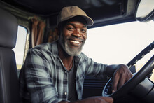 Black Male Truck Driver Driving A Truck. Generative AI