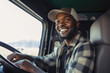 © Andrii  - Happy African American driving delivery men in truck. Generative AI