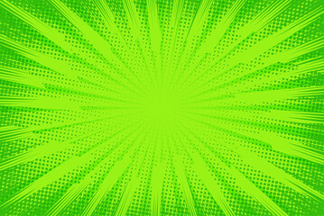 Wall Mural - Comic background. Pop art texture. Starburst cartoon style. Anime design with explosion effect for print. Fun dot pattern. Green backdrop with halftone gradient. Funny line frame. Vector illustration