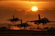Aviones de combate despegando en el atardecer, aviones de combate en despegue, jets de combate, Generative AI