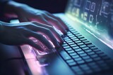 Manos escribiendo en teclado futurista, tecleando, manos programando con laptop, Generative AI
