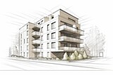 Fototapeta Konie - linear project of block of flats. Architectural concept sketch of modern apartments. Illustration Generative AI. 