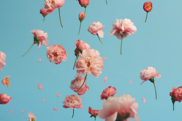 Wall Mural - Pastel spring tender background, fresh pink field flowers, roses, petals and leaves flat lay with copy space. Generative AI.