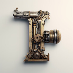 gun, steampunk, alphabet, a, b, c d, f, g, h, j, k, l, m, n, p, q, r, s, t, v, x, z, weapon, isolated, metal, old, machine, white, equipment, steel, technology, retro, tool, iron, generative ai