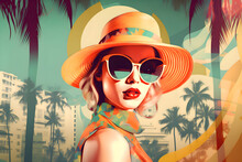 60s Fashion Blonde Woman Wearing Trendy Sunglasses. Summer Collage.