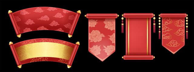 3D Chinese scroll set, festive banner kit, red vector royal asian game UI traditional design element. Luxury celebration China background, spring floral print, silk banner. Chinese scroll collection