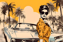 60s Retro Style Fashion Woman Wearing Clothing. Travel Collage With Retro Cars.