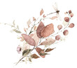 Watercolor autumn floral arrangement. Brown, red and golden dust fall and exotic eucalyptus, branch, leaves and twigs. Cut out hand drawn PNG illustration on transparent background. Isolated clipart.