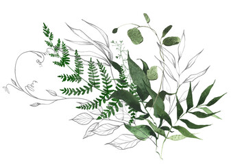 watercolor painted greenery arrangement. green wild forest fern branches, leaves, twigs and gray ske