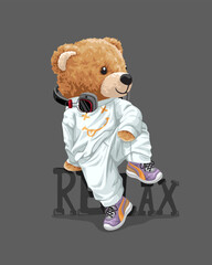 vector illustration of cute teddy bear with headphone sitting on relax text