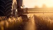 Generative AI, closeup modern combine harvester on a wheat field, farm landscape, agricultural beautiful countryside. Nature Illustration, photorealistic horizontal banner.
