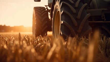 Generative AI, closeup modern combine harvester on a wheat field, farm landscape, agricultural beautiful countryside. Nature Illustration, photorealistic horizontal banner.