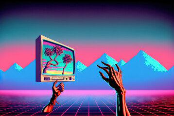 Aufkleber - Surreal vaporwave composition with old computer and distorted hands. 80s styled digital objects collage. Generated AI.