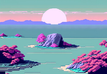 Poster - calm and relaxing landscape with mountains in vaporwave style. pink and blue view in 90s style. gene