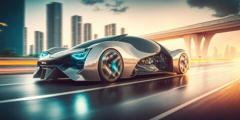 Wall Mural - Futuristic electric car, super car driving on city highway road with motion blur. distinct generative AI image.