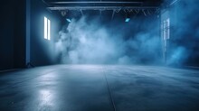 Blue Smoke And Spotlights Shine On Stage Floor In Dark Room, Idea For Background Backdrop, Abandon Room Or Warehouse, Generative Ai