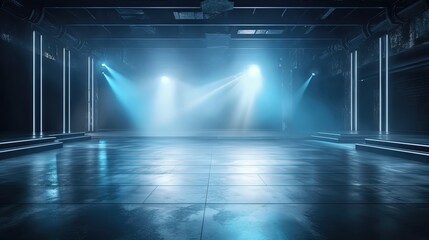 blue smoke and spotlights shine on stage floor in dark room, idea for background backdrop, abandon room or warehouse, Generative Ai