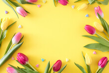 Mother's Day concept. Creative layout made of colorful tulips and small hearts baubles on isolated light yellow background. Flat lay with blank space in the middle