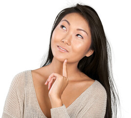 Close up portrait of beautiful young woman in thoughtful pose on a white background