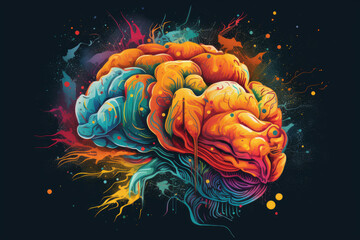 Vivid human brain illustration with vibrant colours against dark background. Creativity concept. Generative AI