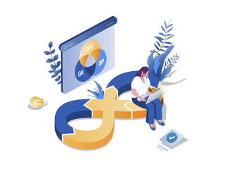 Leinwandbilder - DevOps concept 3d isometric web scene. People working in IT industry, creating software and using development operations system for communication. Illustration in isometry graphic design