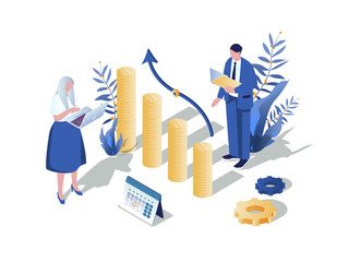 Aufkleber - Financial analytics concept 3d isometric web scene. People working with data graphs and calculating money, accounting for report, making market research. Illustration in isometry graphic design