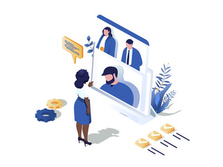 Fototapete - Remote team concept 3d isometric web scene. People discussing work tasks and talking in group video call programm. Colleagues communicates online. Illustration in isometry graphic design