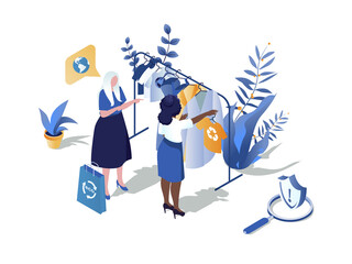 Poster - Sustainable shopping concept 3d isometric web scene. People choosing environmentally friendly shop and buying eco clothes with recycling fabric textile. Illustration in isometry graphic design