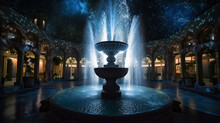 Illuminated Blue Magical Fountain, Starry Night And Luxury Architecture, Generative Ai