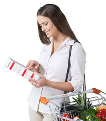 Wall Mural - Young cute woman with shopping cart isolated on white background