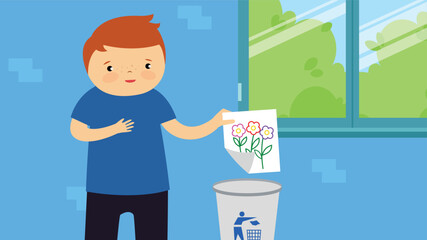 Poster - Vector illustration of a boy throwing a flower in the trash can.