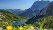 Der Seebensee in in Tirol, Österreich, ist umrahmt von den hohen Bergen des Miemiger Gebirges. Gesehen von der Coburger Hütte mit Blick auf die Zugspitze.