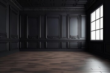 Modern black room with wooden floor and classic wall paneling, Generative AI