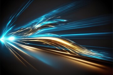 Wall Mural - Abstract of speed car racing of taillight in streak with blue and gold color concept. Art in digital street background. Finest generative AI.