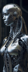 Poster - Generative AI of a female cyborg with a metallic body.