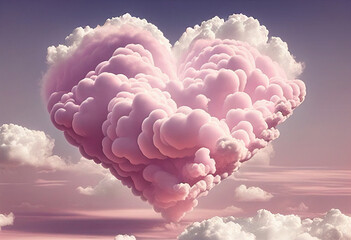 Abstract fluffy pink cotton candy clouds in the shape of a heart. Concept for love, Valentine’s Day. Generative AI illustration. 