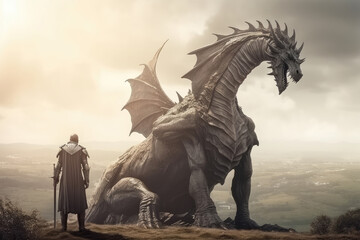 Wall Mural - Man stands in front of huge dragon. Legend of battle between brave warrior and monster. Fantasy game world. Created with Generative AI